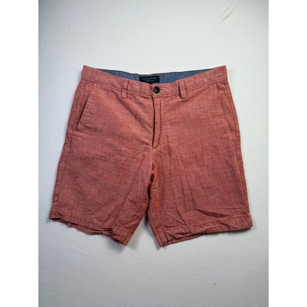 Banana Republic Mens 32 Chambray Shorts Red Orange Cotton Flat Front 9in-2653